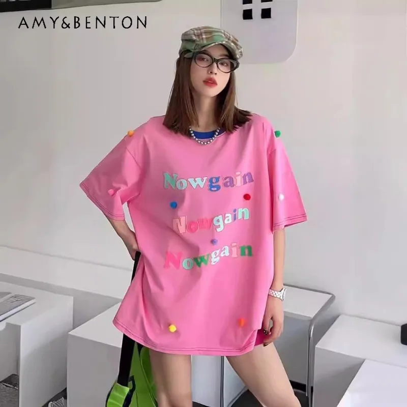 

Женская одежда, милая Дизайнерская футболка с буквенным принтом, женский летний весёлый Приталенный топ с трехмерным узором, футболки Y2k, пуловеры