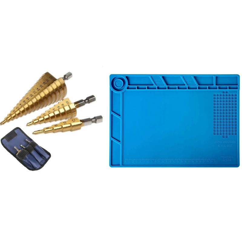 3Pc Step Cone Taper Drill Bit Set Hole Cutter Metric 4-12/20/32Mm With S-140 Magnetic Repair Mat, Work Mat 932°F
3Pc Step Cone Taper Drill Bit Set Hole Cutter Metric 4-12/20/32Mm With S-140 Magnetic Repair Mat, Work Mat 932°F
