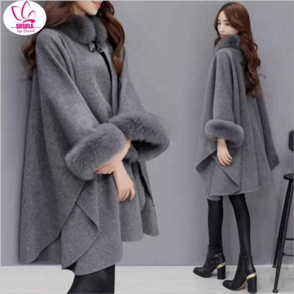 

Fur Collar Womens Jackets Coats Long Woolen Coat Winter Clothes Temperament Cape Wool Blends Office Lady Korean Women Clothing