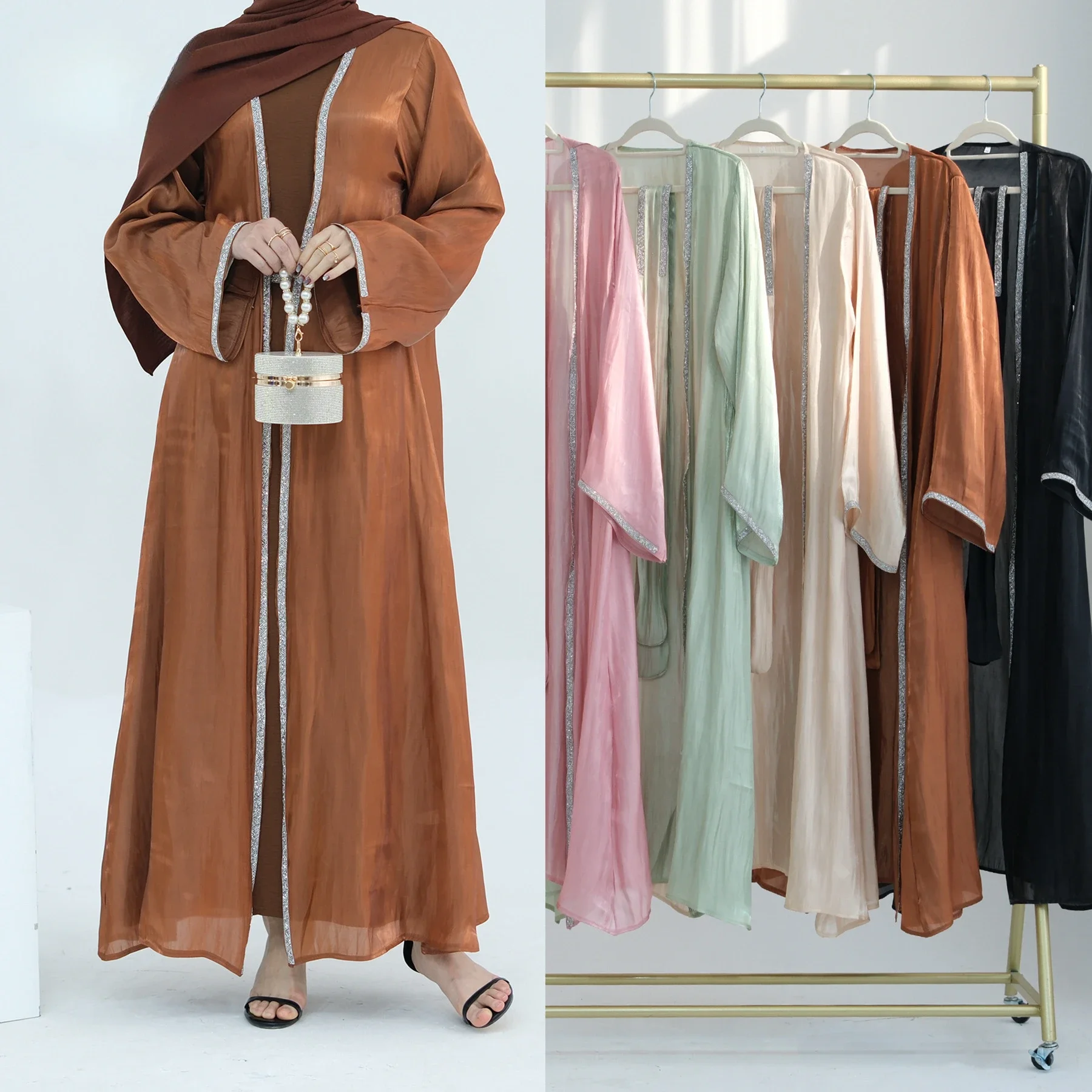 

Two Piece Abaya Kimono Set Shiny Wrinkled Abayas for Women Dubai 2024 Luxury Muslim Party Dress Kaftan Robe Ramadan Gown Islam