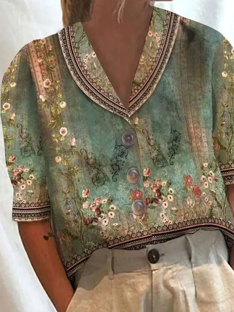Temperament Holiday Shirt Woman Fashion Elegant Casual Blouse Short Sleeve Loose Printed Woman Shirt Button Vintage Print Blusas
Temperament Holiday Shirt Woman Fashion Elegant Casual Blouse Short Sleeve Loose Printed Woman Shirt Button Vintage Print Blusas