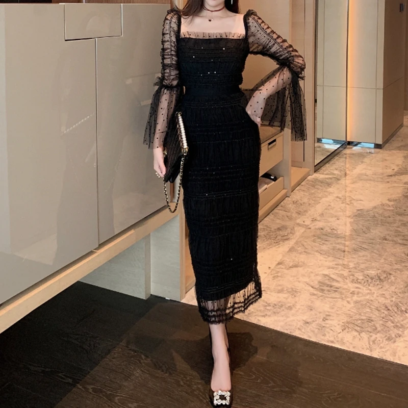 2023 New Fashion Autumn Party Dresses Women Mesh Wave Point Square Collar Bodycon Flare Sleeve Midi Black Dress
2023 New Fashion Autumn Party Dresses Women Mesh Wave Point Square Collar Bodycon Flare Sleeve Midi Black Dress