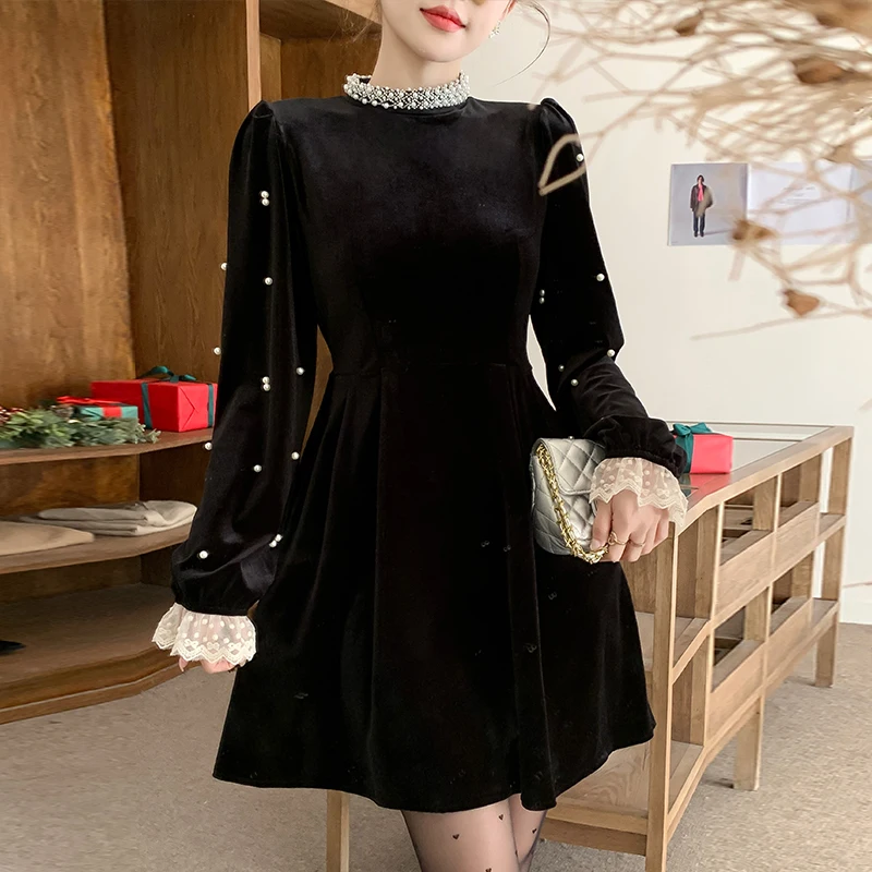 

New 2024 Spring Black Velvet Mini Dress Vintage Women Pearls Beading Stand Collar Lace Flare Sleeve High Waist Party Vestidos