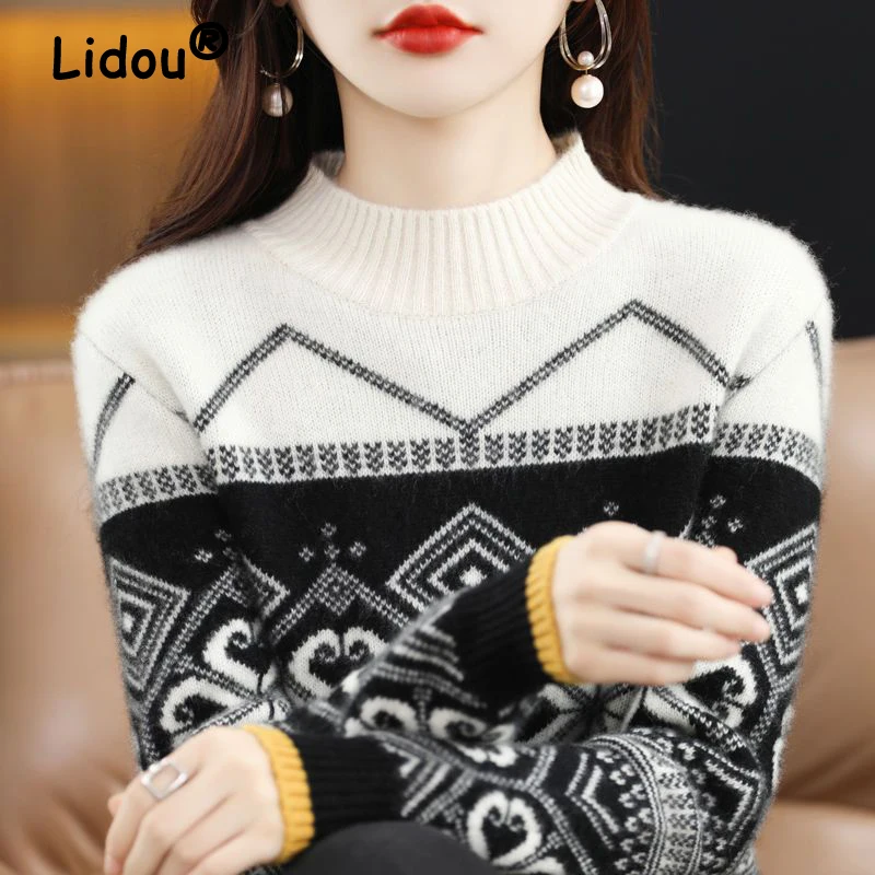 

Autumn Winter Korean Vintage Jacquard Half High Collar Sweet Knitted Sweaters for Women New Year Long Sleeve Tops Jumper Clothes