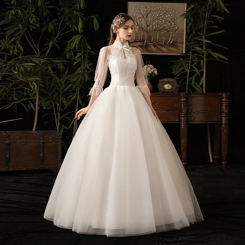 

Sweet Memory Stand Neck Three Quarter Sleeve Wedding Dresses Sexy Illusion Lace Applique Vintage Bridal Dress Girl Robe