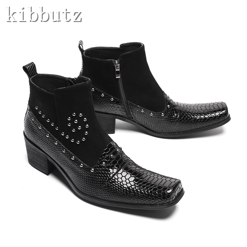 

Men Square Toe Genuine Leather Boots Brand Design Patchwork Rivets High Heels Short Boots Comfortable Chelsea Ankle Boots