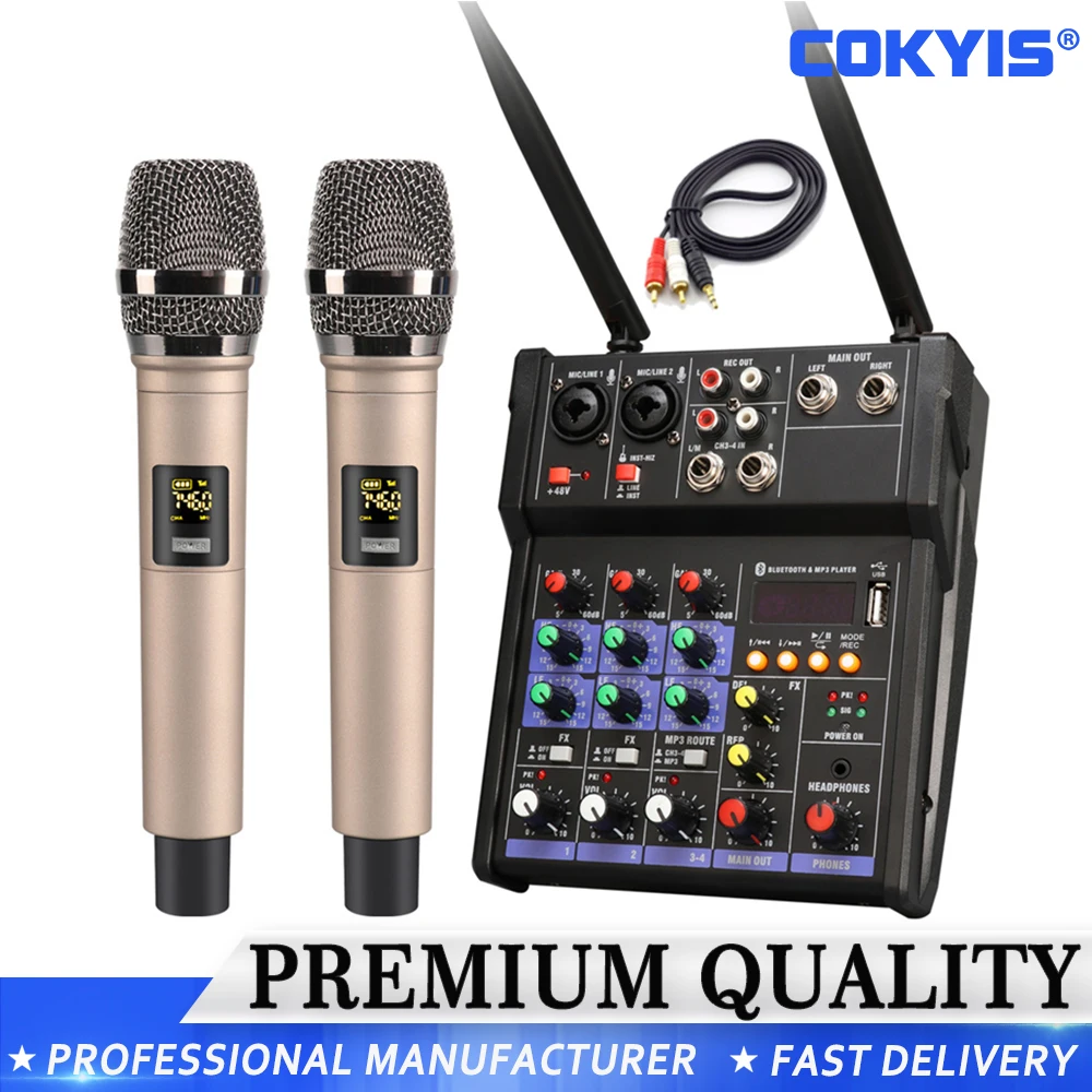 

Audio Mixer With Wireless Microphone Studio Karaoke Mic Bluetooth DJ For TV Computer Home Party Show Church Wedding 4 CHANNEL