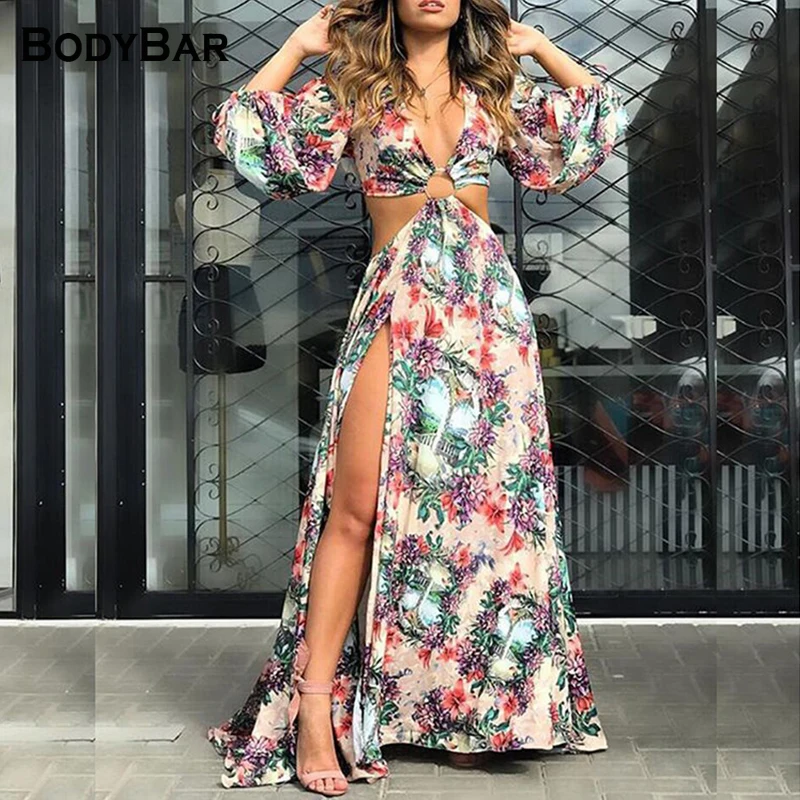 

Sexy Long Dress Maxi Dress For Women Cut Out V Neck Flower Print Bohemian Sundress Beach Off Shoulder Party Split Vestidos S-3XL