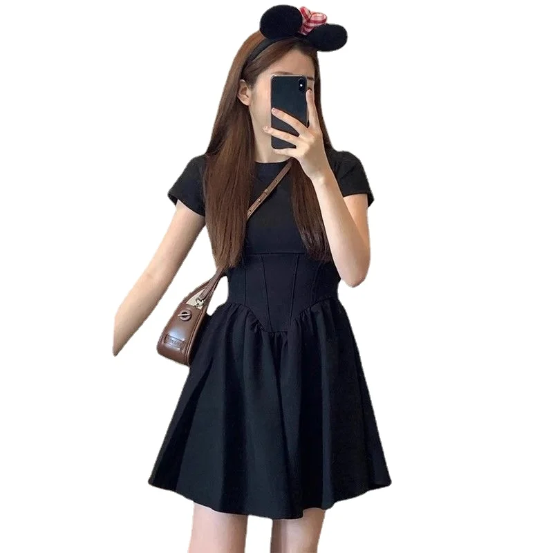 

Summer New Hepburn Style Round Neck High Waist A-line Short Dress Women's French Fluffy Little Black Dress