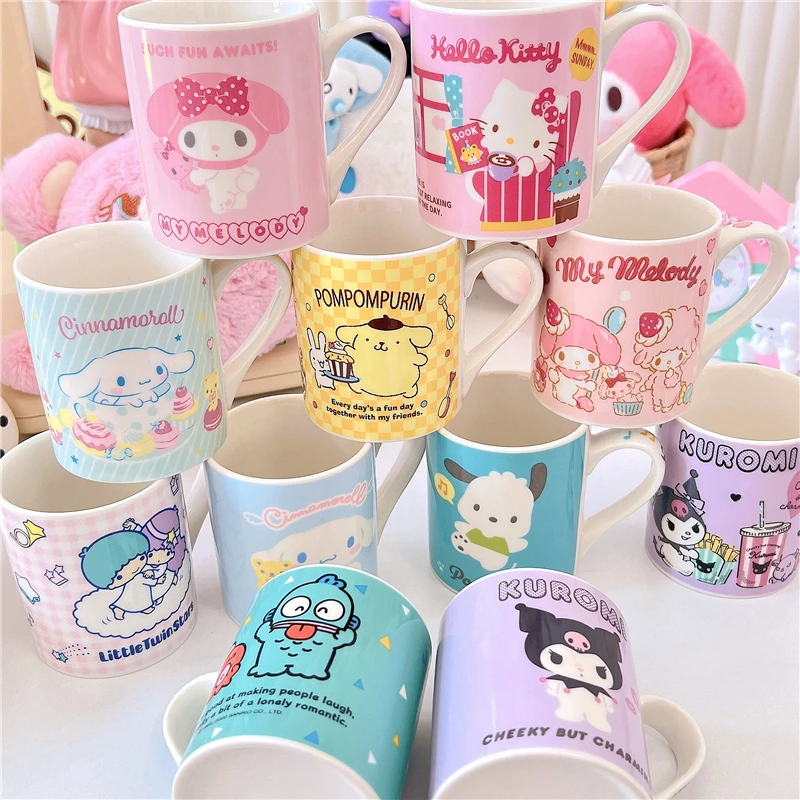 

Sanrio Kawaii Hello Kitty Kuromi Handle Coffee Milk Ceramics Cup Anime Melody Cinnamoroll Pochacco Cute Cartoon Hand Painted Mug