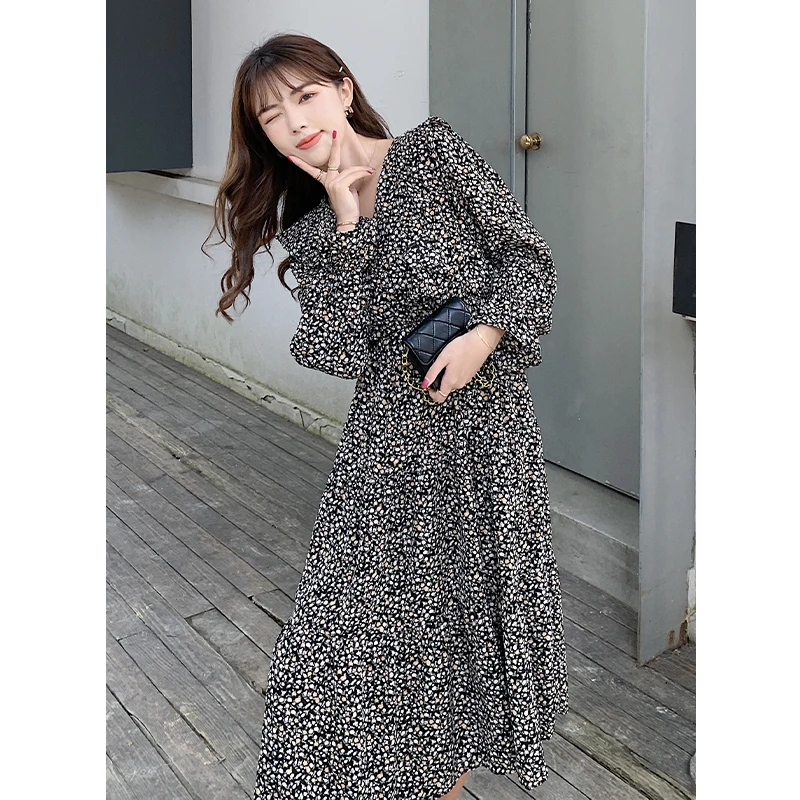 

2023 Spring New Dress Women V-Neck Long Sleeved High Waisted Fragmented Flower And Lotus Leaf Edge Mid Length Free Shipping