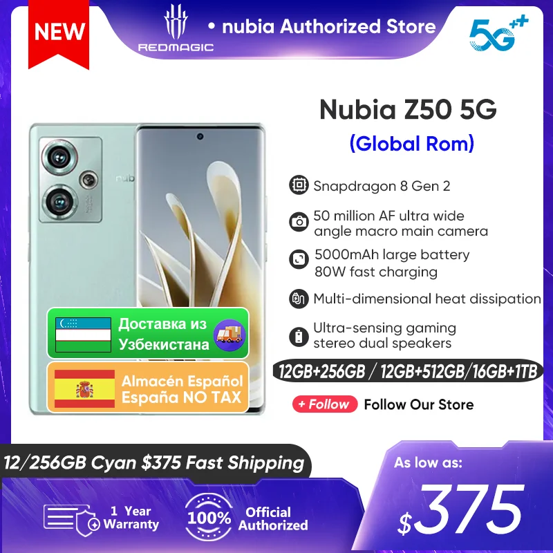

Nubia Z50 5G Global Rom 12GB 256 6.67 inch 144Hz AMOLED Screen Snapdragon 8 Gen 2 Octa Core 50MP Dual Cam 80W Fast Charge NFC