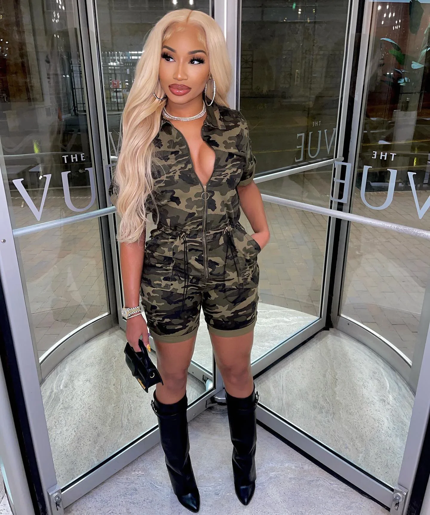 

Ladies Spring and Summer Fashion Zipper Short Sleeve Lapel Elastic Waist Closing Camouflage One-piece Pants Playsuit