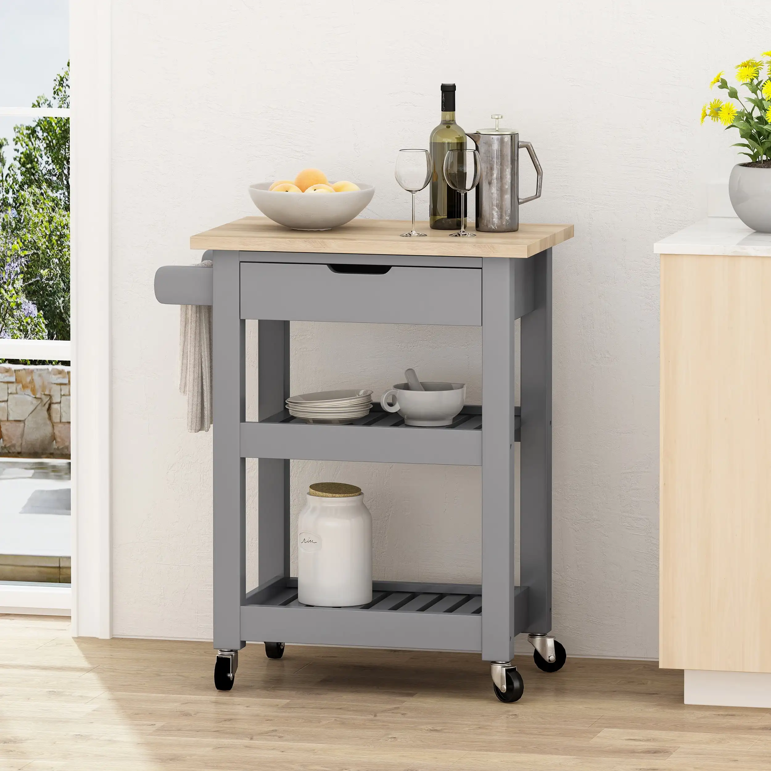 Noble House Treutlen High Load-bearing Strong Stable and Durable Wood Kitchen Cart with Wheels Gray
Noble House Treutlen High Load-bearing Strong Stable and Durable Wood Kitchen Cart with Wheels Gray