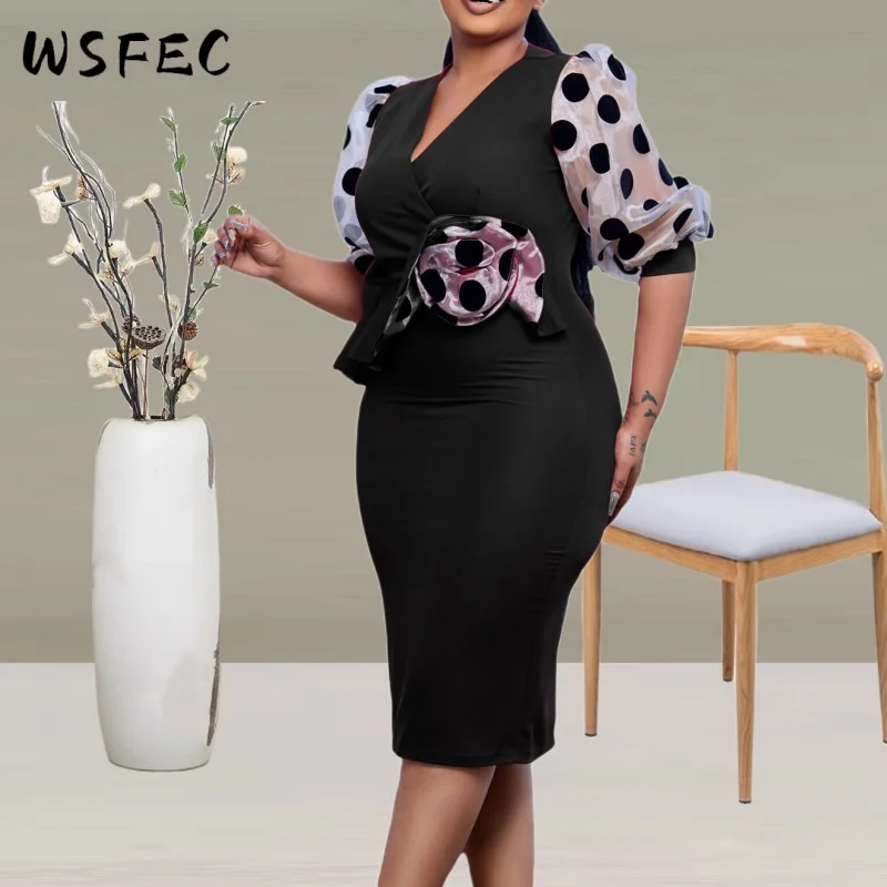 

WSFEC 2023 Spring Summer Elegant Dresses African Short Sleeve Mesh Dot Patchwork Bodycon Pencil Midi Party Evening Dress Outfits