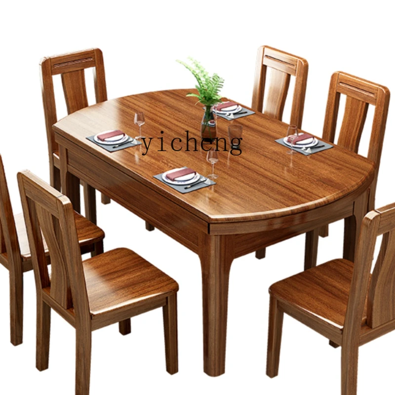 

Набор обеденных столов и стульев Zk из массива дерева, выдвижной складной современный простой домашний круглый обеденный стол