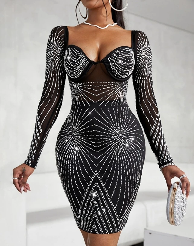 

Woman Sexy Rhinestone Geometric Pattern Semi-Sheer Mesh Party Dress New Women's Long Sleeve Low Cut Skinny Evening Dresses