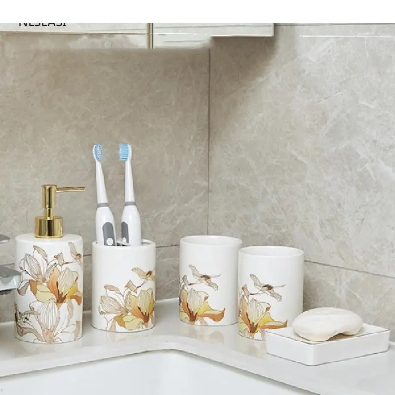 Chinese Style Flower Pattern Ceramics Home Bathroom Accessories Set Toothbrush Holder Liquid Soap Dispenser Soap Dish Gargle Cup
Chinese Style Flower Pattern Ceramics Home Bathroom Accessories Set Toothbrush Holder Liquid Soap Dispenser Soap Dish Gargle Cup