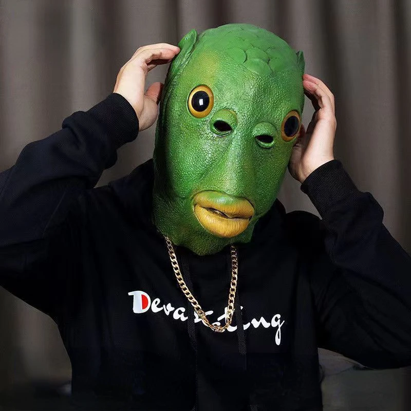 

2023 Cosplay anime Green Fish Head Masks Adult Halloween Purim Costume Christmas Party Accessories Animal Hat Funny Hot
