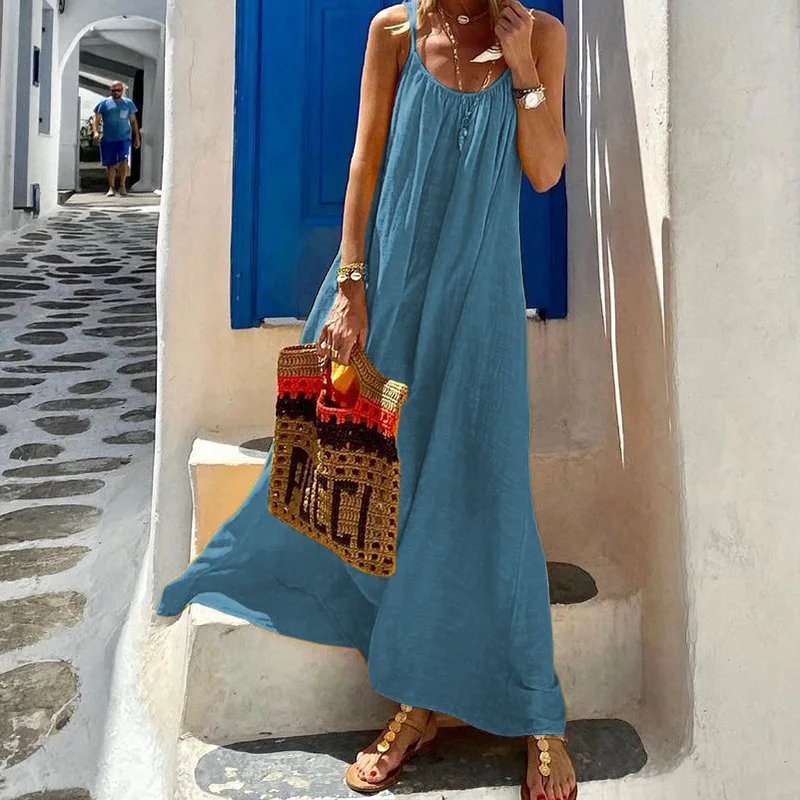 Sleeveless Sling O Neck Long Dress Summer Women Fashion Solid Color Off Shoulder Backless Dress Lady Casual Simple Linen Dresses
Sleeveless Sling O Neck Long Dress Summer Women Fashion Solid Color Off Shoulder Backless Dress Lady Casual Simple Linen Dresses