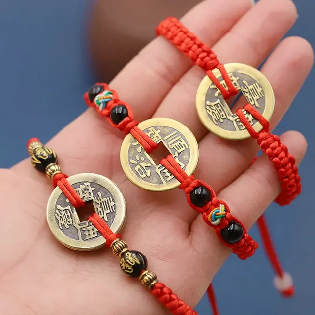 Bracelet porte-bonheur cinq empereurs en argent véritable, pièce de monnaie en cuivre tressée, corde rouge, breloque hommes et femmes, bijoux porte-bonheur 1