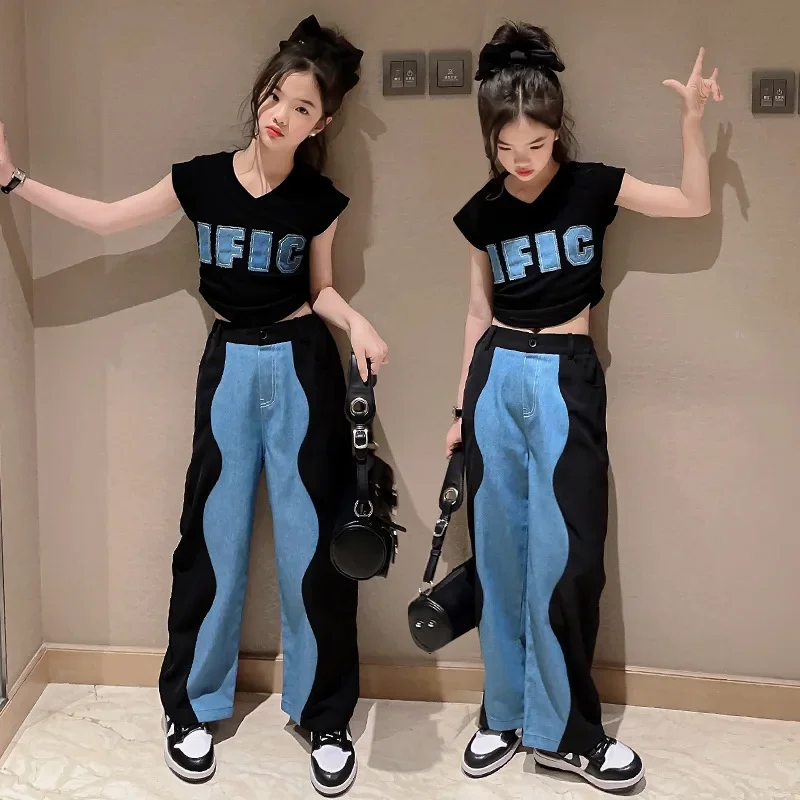 

Summer Teen Girls Clothing Sets Fashion Letter Tops + Wide Leg Pants 2Pcs Outfits Streetwear Kids Tracksuit 5 6 8 10 12 14 Years