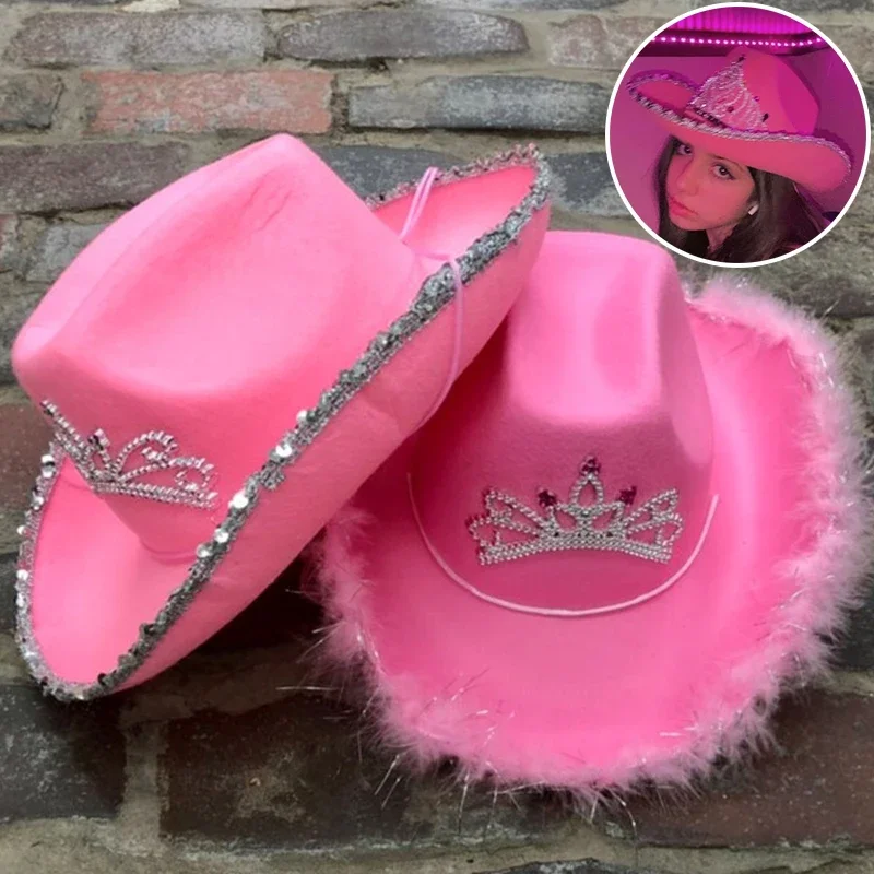 Western Style Cowboy Hat Pink Women Girls Birthday Party Caps with Feather Sequin Decoration Crown Tiara Party Cowgirl Hats
Western Style Cowboy Hat Pink Women Girls Birthday Party Caps with Feather Sequin Decoration Crown Tiara Party Cowgirl Hats