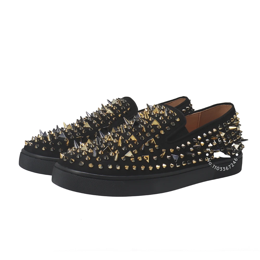 

Studded Slip-On Business Casual Shoes Golden Sharp Rivets Fashion Loafers Black Suede Designer Street Style Punk Shoes for Men