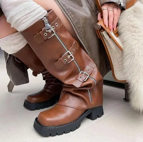 

New Brown Black Cow Genuine Leather Square Toe Zipper Up Side Belt Buckles 5 CM Chunky Heels Knee High Boots Women Knight Boots