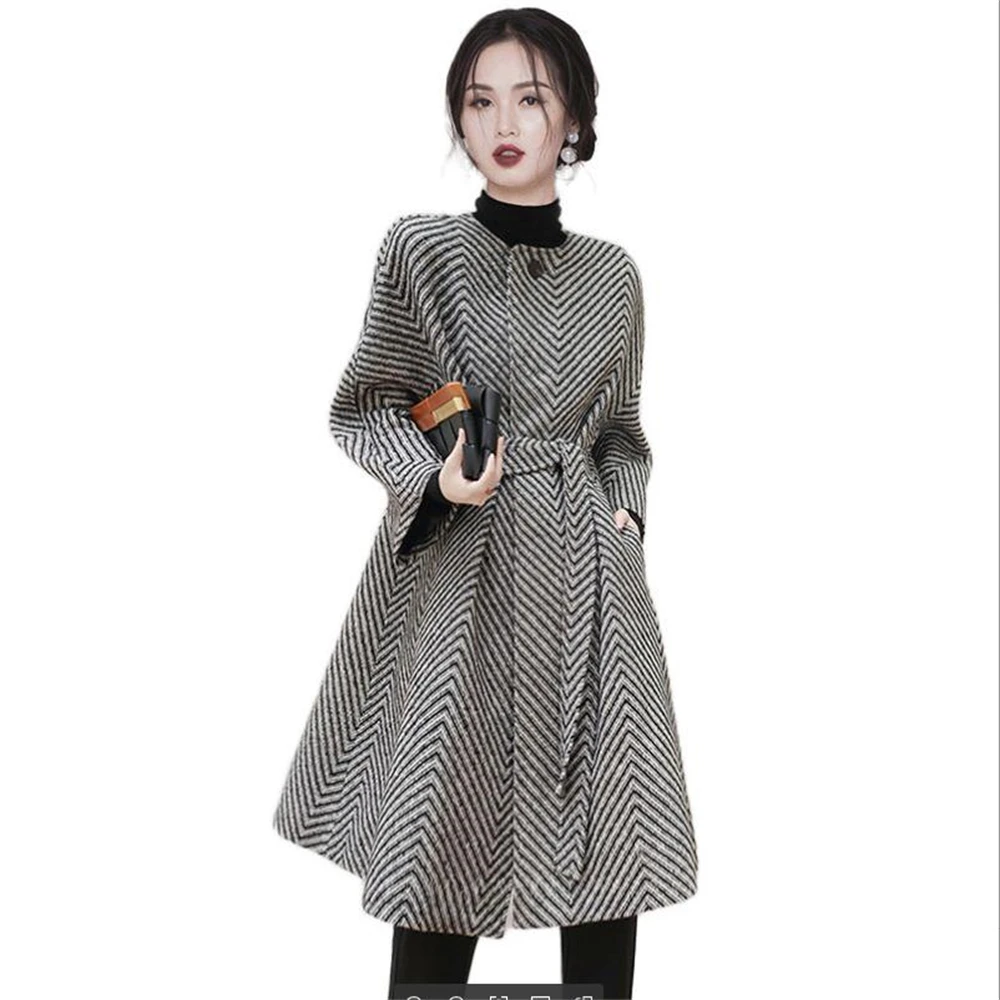

Женское длинное шерстяное пальто в полоску, свободная верхняя одежда, модное пальто с поясом, изящные топы, зимняя одежда, 30%