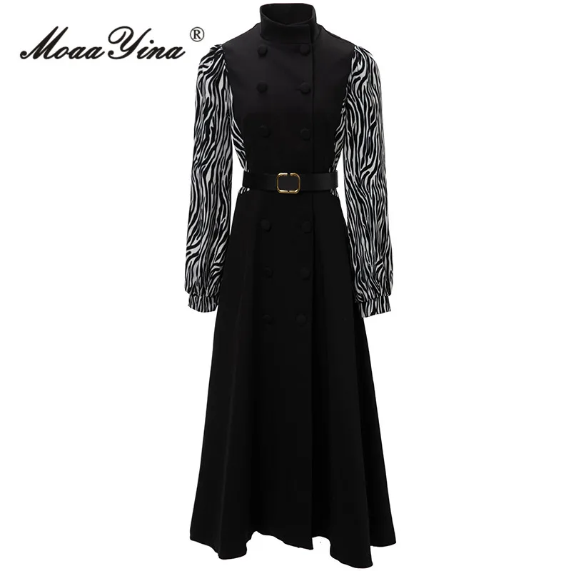 

MoaaYina Autumn Fashion Runway Vintage Hit Color Dress Women Stand Collar Double Breasted Sashes Gathered Waist Slim Long Dress