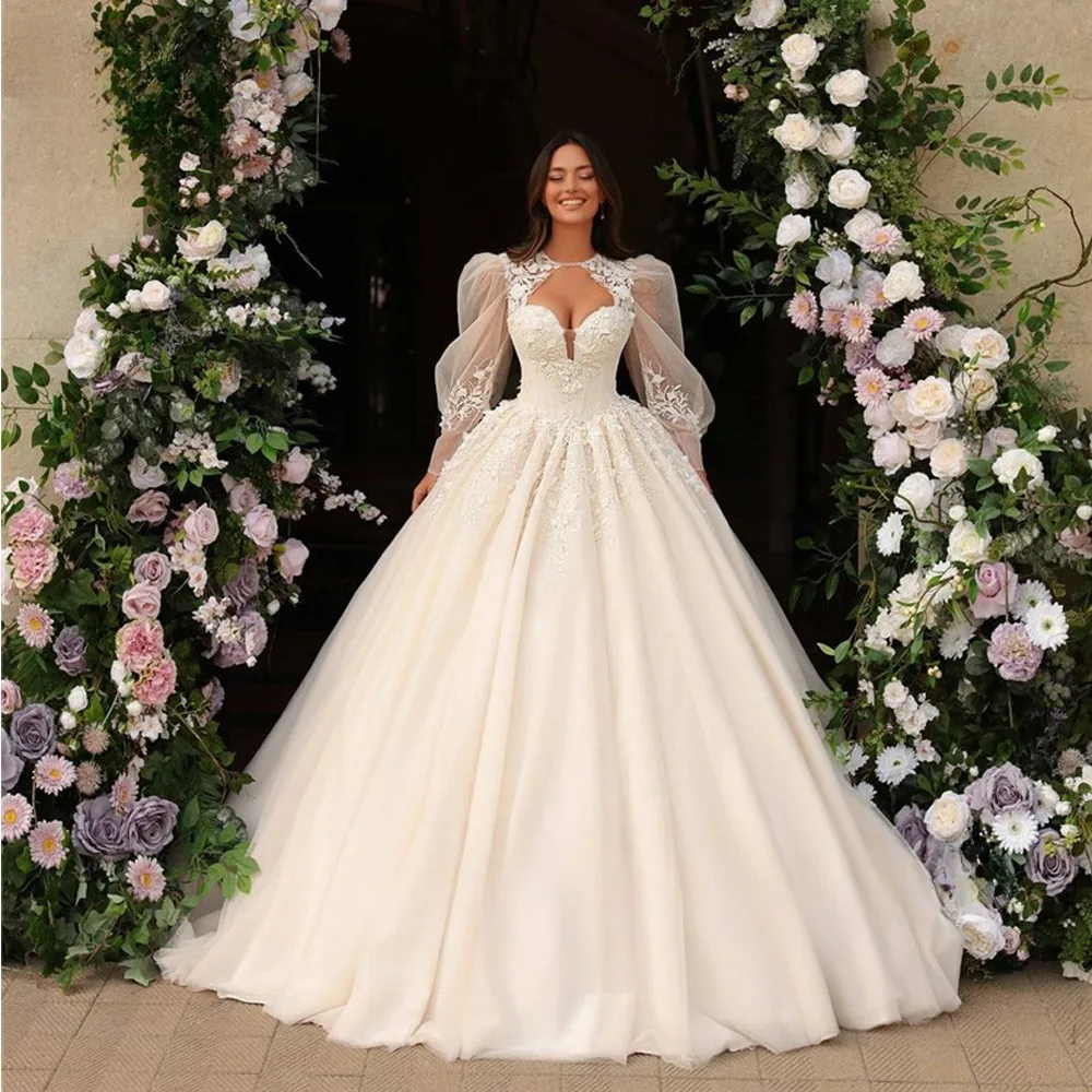 

Princess Sweetheart Tulle Wedding Dresses With Puff Long Sleeves Applique Floor Length Bridal Gowns Robe de mariage