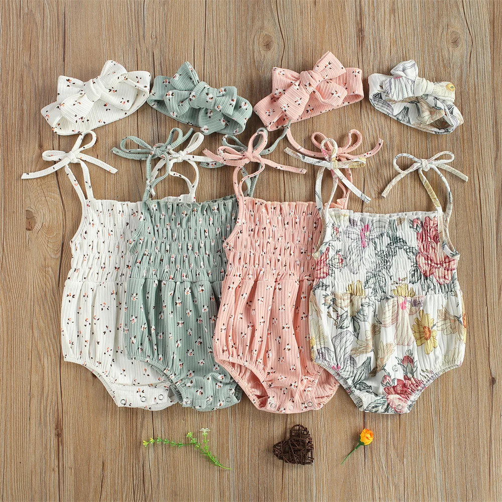 

Baby Girls Floral Printed Romper with Headband 0-24M Newborn Infant Toddler Summer Casual Sleeveless Bodysuits Playsuits Outfits
