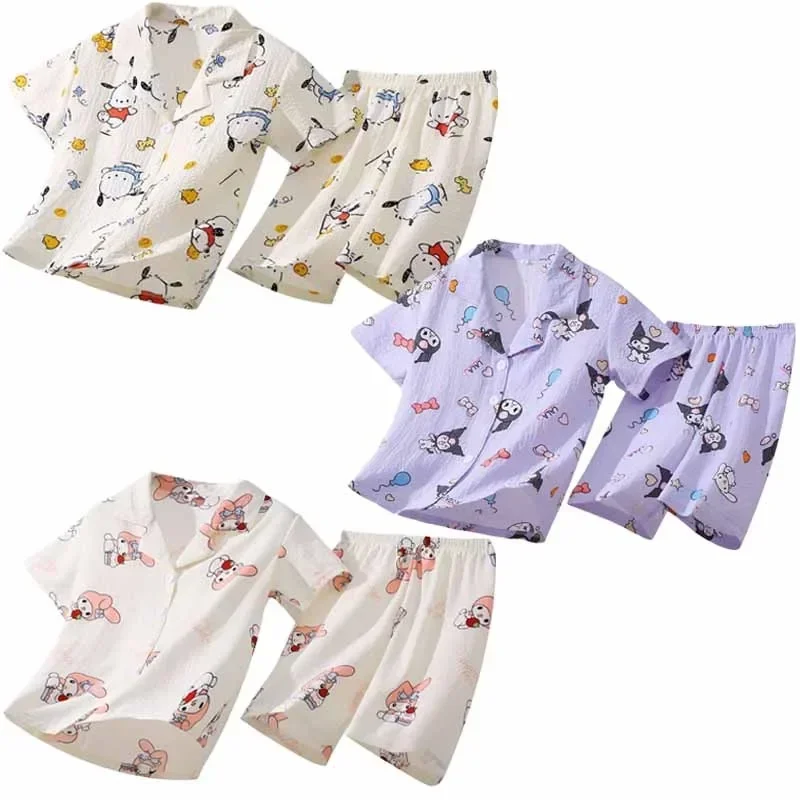 

Sanrios Anime Cinnamoroll Kuromi HelloKittys My Melody Children Summer Short Sleeved Shorts Pajamas Home Clothing Girl Nightwear