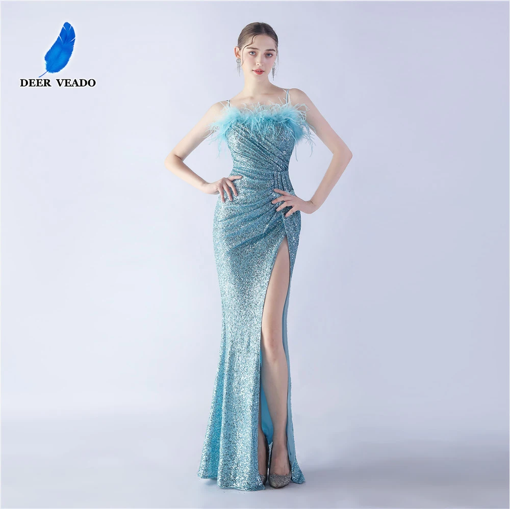 

DEERVEADO Women's Strap Evening Dresses Long Sexy Mermaid Slit Sequins Party Maxi Dress Gala Formal Dress with Feathers