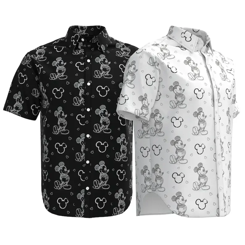 

2024 Disney Hawaiian Shirt Fashion Mickey Mouse Sketch Doodle Shirt Disney Land Short Sleeve Button Men and Women Shirt Casual