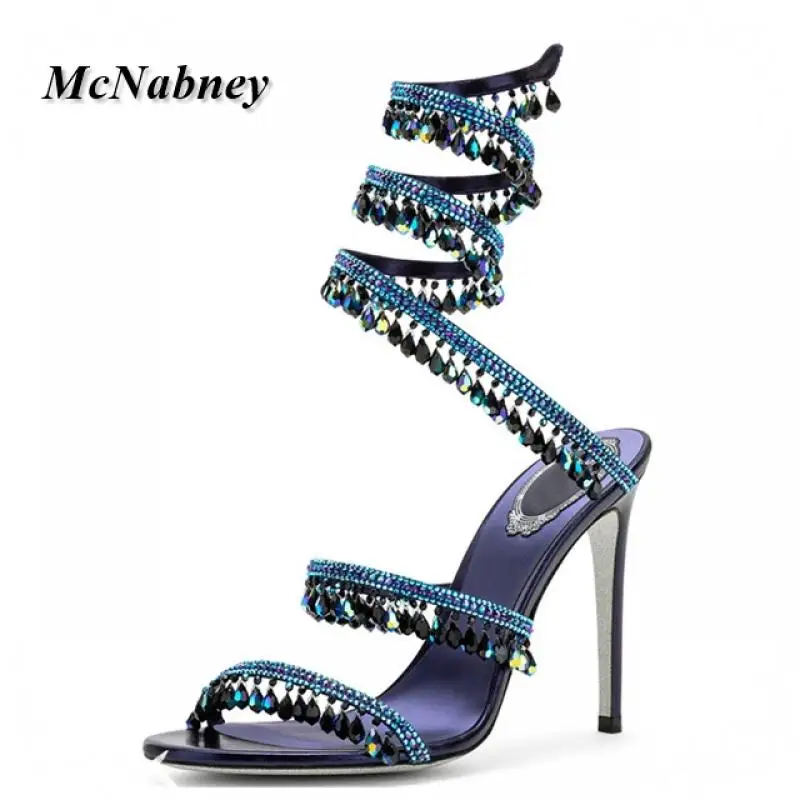 

Snake Shaped High Heel Sexy Sandals Rhinestone Gemstone Crystal Pendant Stiletto Snake Wrap Strap Women Plus Size Banquet Shoes