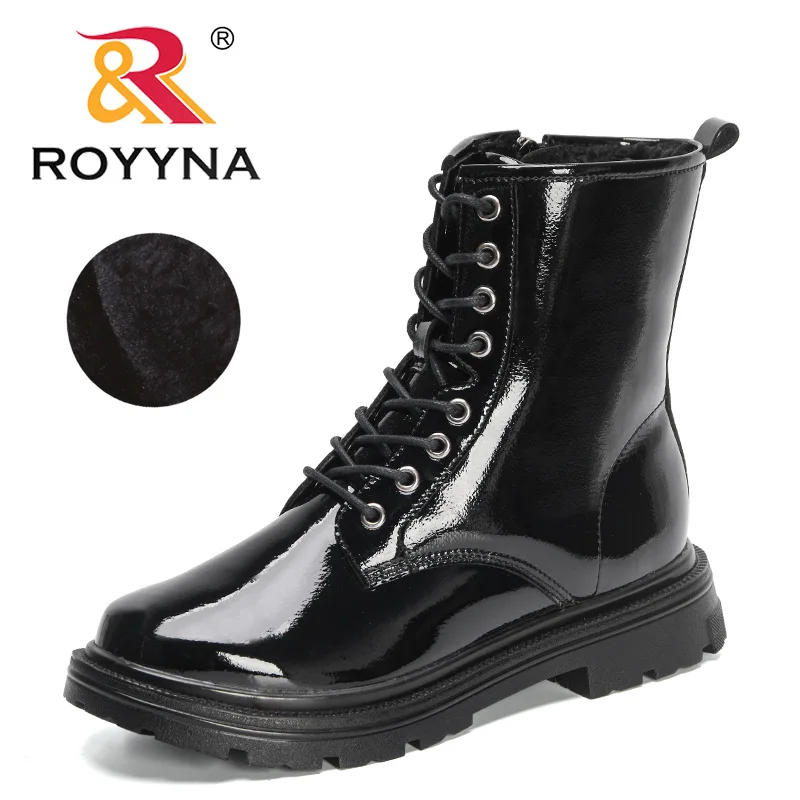 

ROYYNA 2023 New Designers Flat Thick Sole Chelsea Ankle Boots Women Casual Shoes Winter Fashion Patent Leather Plush Boot Ladies