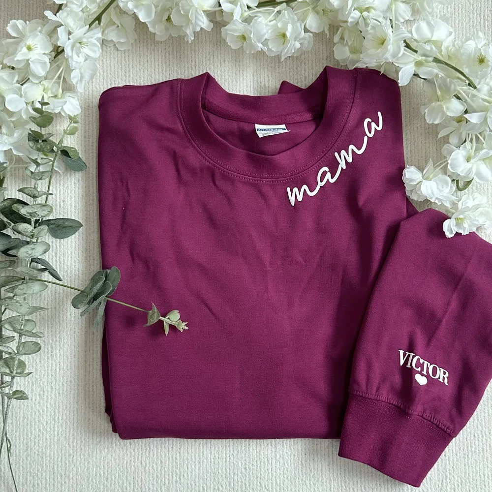 

Personalized Rose Mama Sweatshirt with Kid Names on Sleeve Minimalist Neckline Sweater Mothers Day Gift New Mom Birthday Gift