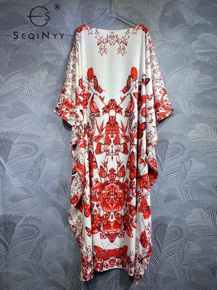 

SEQINYY Elegant Long Dress Summer Spring New Fashion Design Women Runway Vintage Flower Print Loose High Street Casual