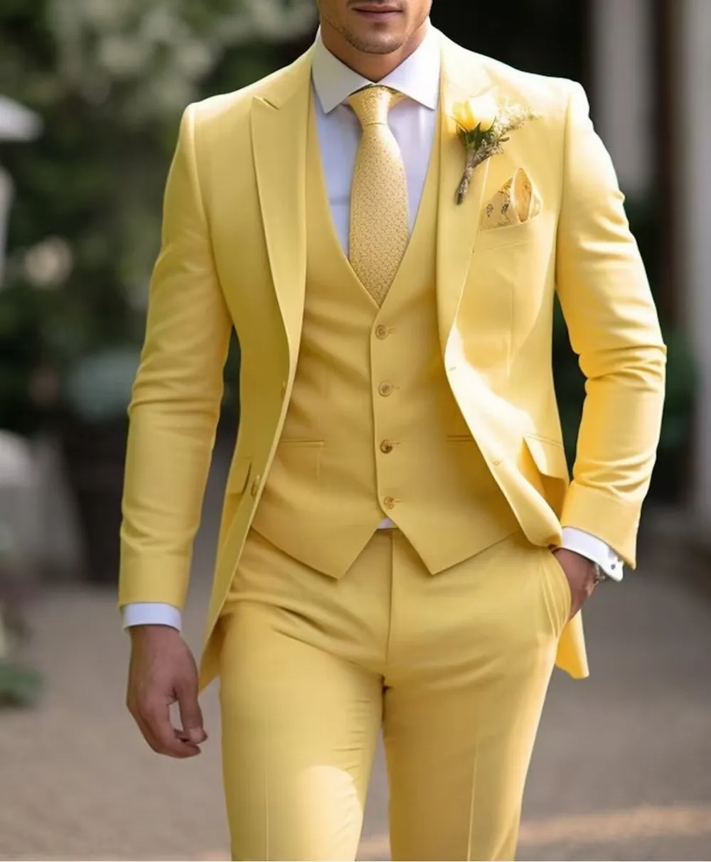 Yellow Tuxedo Groom Groomsman Wedding Party Men Business Suits Slim Fit 3 Pieces Dress 
Yellow Tuxedo Groom Groomsman Wedding Party Men Business Suits Slim Fit 3 Pieces Dress