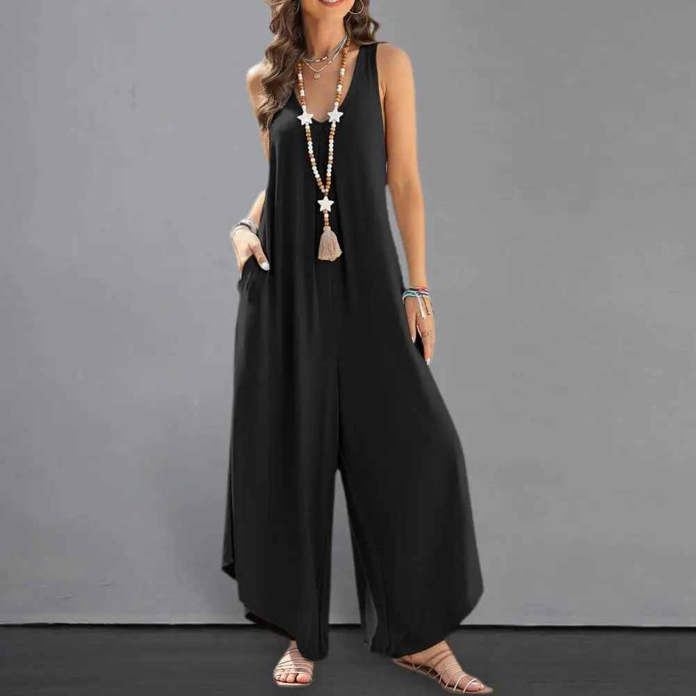 

2024 Summer Women's Jumpsuit Overalls Short Loose Sleeveless Wide Leg Overall Solid Casual Daily Basic Romper with Pockets