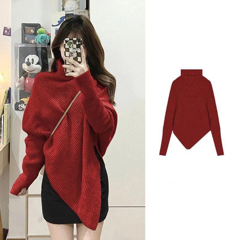 

Fashion turtleneck Irregular batwing sleeve Sweaters Women's Clothing 2023 winter Loose Casual Pullovers Asymmetrical Tops