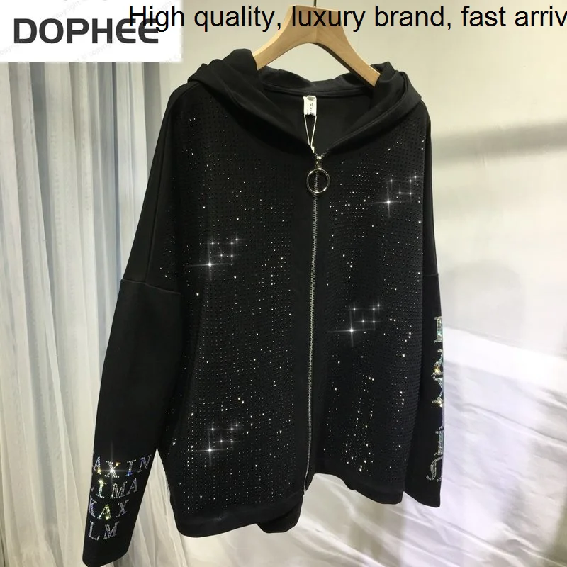 Drilling Trendy Hot Women Jackets Alphabet Black Hooded Zip Cardigans Top Full Sleeve Loose Autumn Streetwear Coat Outwear 2023
Drilling Trendy Hot Women Jackets Alphabet Black Hooded Zip Cardigans Top Full Sleeve Loose Autumn Streetwear Coat Outwear 2023