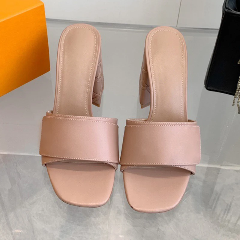 

Female High Heel Sandals Summer New Advanced Sense Real Leather Upper Women Slippers Square Head Open Toe Banquet Single Shoes