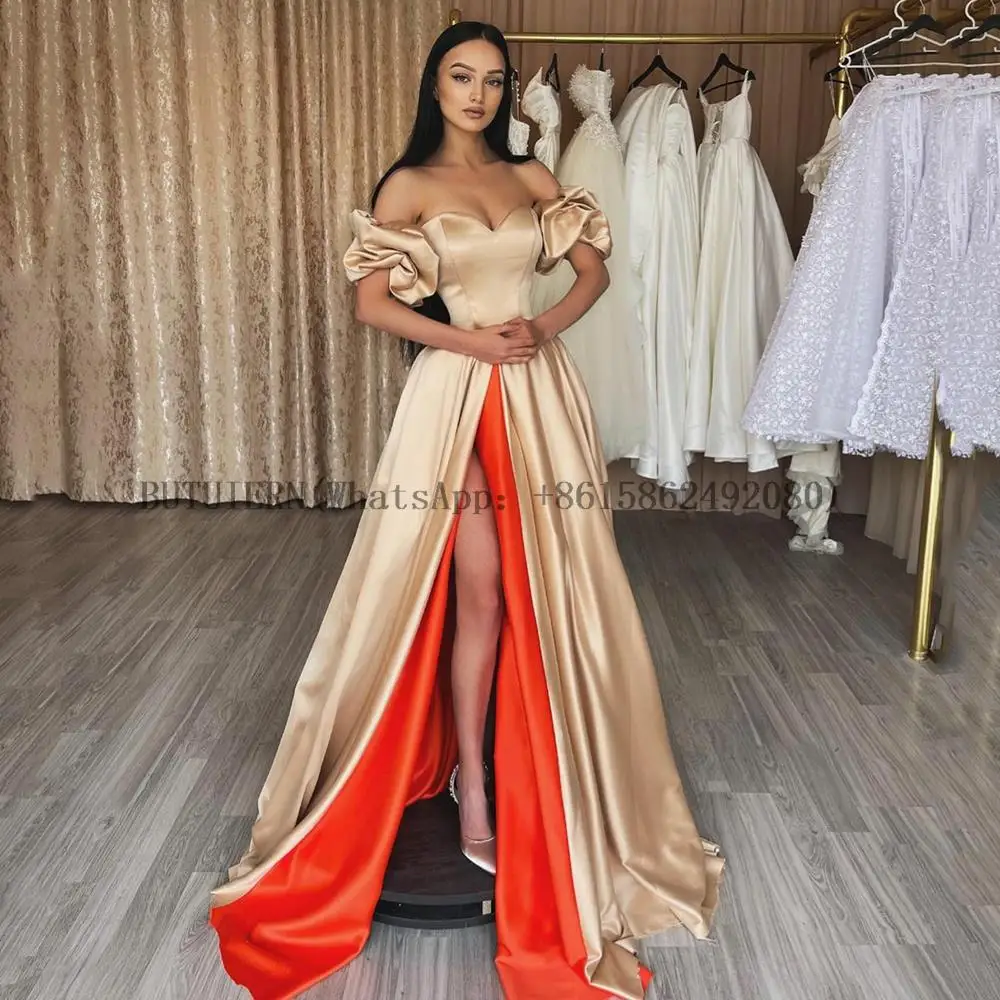Champagne A-Line Satin Prom Dress Sweetheart Puffy Sleeves Long Evening Dress Robe de bal Sexy High Slit Prom Gowns
Champagne A-Line Satin Prom Dress Sweetheart Puffy Sleeves Long Evening Dress Robe de bal Sexy High Slit Prom Gowns