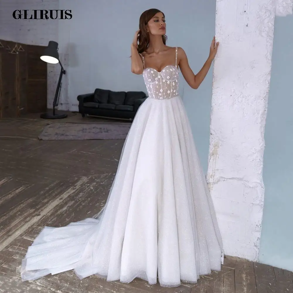 

2022 Sparkling Wedding Dress Sweetheart Spagetti Straps A-Line Glitter Bridal Gown Corset Lace Up Brides Dress Vestido de novia
