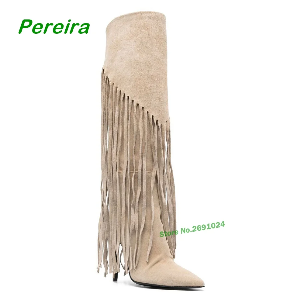 

Tassels Pointy Toe Knee High Boots Fringe Thin Heels Slip On Women's Boots Winter Suede Solid Casual Shoes Large Size 46 Luxury