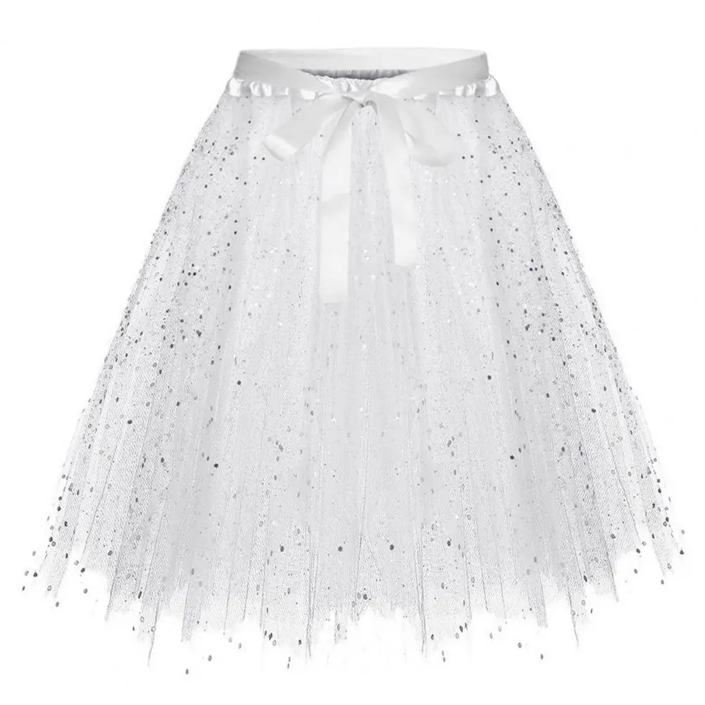 

Pleated Sequin Gauze Skirt Sparkling Sequin Mesh Skirt with Bow Detail Multi-layered A-line Design Elastic Waistband for Stage