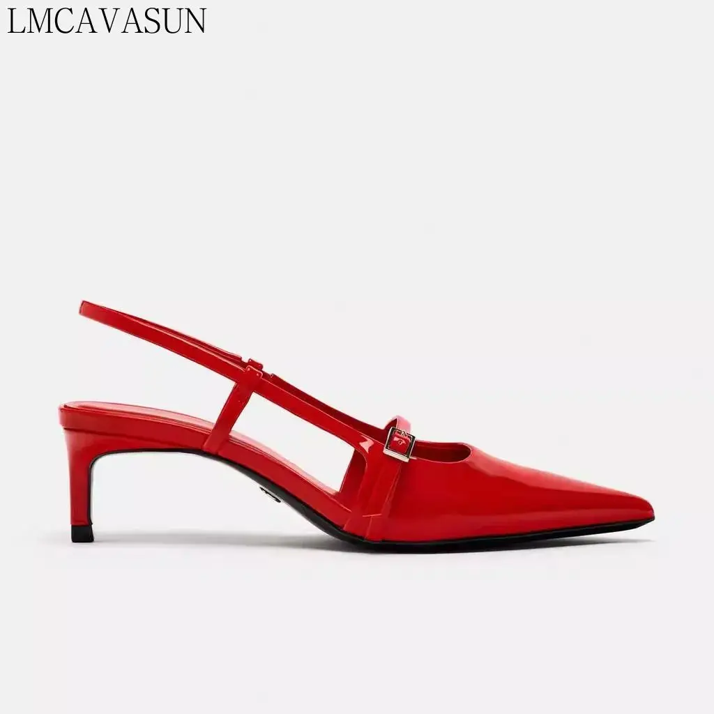 

LMCAVASUN Модные женские Современные сандалии дизайнерские туфли на тонком высоком каблуке с острым носком вечерние туфли подходящие ко всему красные женские туфли-лодочки на ремешке с пряжкой
